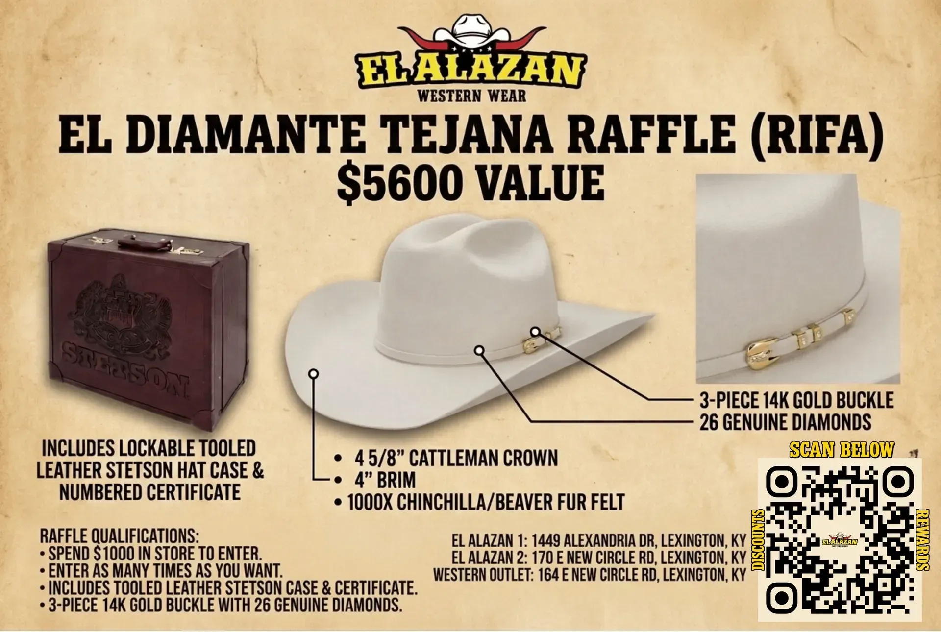 El Diamante Tejana raffle flyer: $5,600 value, spend $1,000 in store to enter