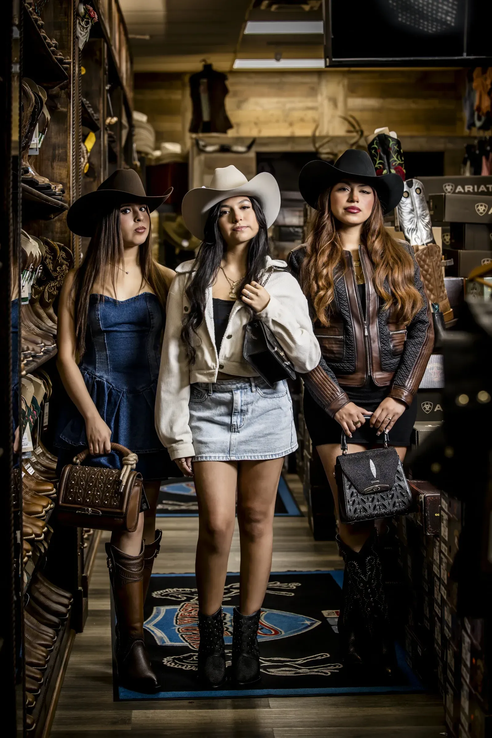 Women in leather jackets, denim and cowboy hats at El Alazán